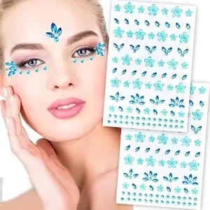 Flower Face Tattoo Sticker Blue Face Gems Summer Face Jewelry For Girls- Self-Adhesive Rhinestones For Eyes, Face, Nail Body – Festival Halloween Christmas Cosplay Makeup Decoration (Blue)