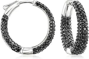 Ross-Simons 0.50 Ct. T.W. Black Spinel Inside-Outside Hoop Earrings In Sterling Silver