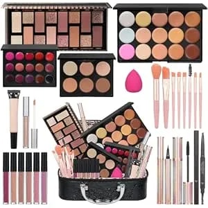 Makeup Kit For Girls Gift, Make Up Kit For Women Full Kit Includes Sponge Eyeshadow Liquid Lipstick Concealer Eyeliner Eyebrow Makeup Bag