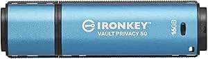 Kingston Ironkey Vault Privacy 50 16GB Encrypted USB - FIPS 197 - AES-256bit - Badusb Attack Protection - Multi-Password Options - IKVP50/16GB