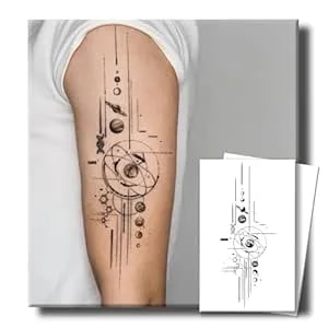 Tattoo Tech, 2 Sheets Large Semi Permanent Tattoo, Lasts 7-15 Days Planet Tattoos, Waterproof And Non-Reflective, Minimalist Design For Music Festival, For Men Forearm Calf