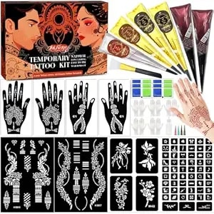 Temporary Stencils Tattoos Kit, 6 Pcs Tattoo Pastes 4 Color (2 Black 2 Brown 1 Maroon 1 Cherry Red) With Gloves Brush Tool,Diy Body Art Skin Painting Designs For Women Men Kids Party Gifts