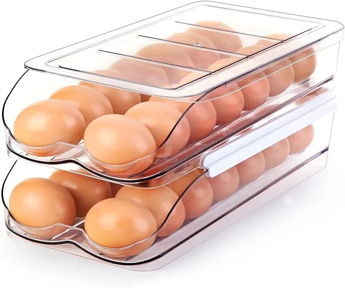 Roskdeewat Egg Holder For Fridge, Automatic Rolling Egg Container -2 Tier - Stackable Fridge Organizers And Storage With Lid, Sturdy Clear Plastic Egg Dispenser & Tray For Refrigerator