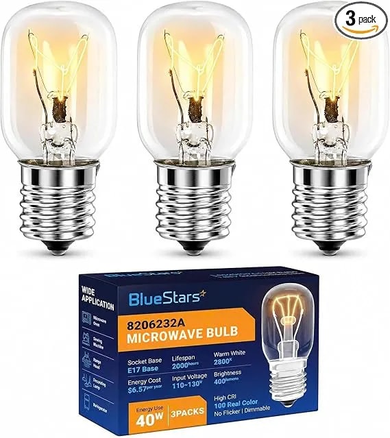 Bluestars 8206232a Kei 125v 40w Whirlpool Microwave Bulb e17 Base - For Ge Whirlpool Microwave Light Bulb Under Hood - Replaces 1890433 8206232 ap4512653 - Pack Of 3