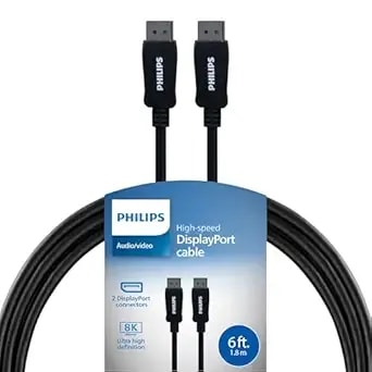 Philips 8k Displayport Cable, 6 Ft Long Cord, 8k@60hz, 4k@144hz, 2k@240hz,7.1/5.1 Surround Sound, Data Transfer Fees 32.4 Gbps, Multi-Stream Transport, For Gaming Systems, Laptops, swv3133b/37