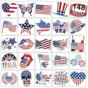 Charlent 4th Of July Temporary Tattoos - 148 Individually Sheets American Flag Tattoos For Kids Women Men Independence Day Party Decorations And Usa Party Favors
