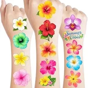 96pcs Tropical Flower Hawaiian Temporary Tattoos Pre-Cut - Hibiscus Plumeria Stickers Beach Summer Hawaiian Birthday Party Decorations, Supplies & Favors - School Gifts Rewards Prizes For Girls Women