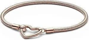Pandora Moments Heart Closure Snake Chain Bracelet - Compatible Moments Charms Rose Gold Charm Bracelet For Women - Gift For Her - 7.5", No Gift Box