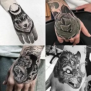 Waterproof 4 Sheets Back Of Hand Temporary Tattoo Stickers, Black Wolf Rose Gorilla Hound