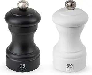 Peugeot Bistro Duo Manual Salt And Pepper Mill Set - Classic Adjustable Grinder, Beechwood, 4 Inch, Black And White