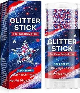 Red White Blue Glitter Stick - 4th Of July Patriotic Star Body Face Glitter Makeup For Women Kids - Waterproof Long Lasting Hair Gel Stick For 250th Independence Day Outfits, Soccer Game Cheer