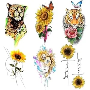 6 Sheets Colorful Animal Floral Small Tiny Temporary Tattoos For Adults, Leopard Tiger Lion Sunflower Fake Tattoo Stickers, Waterproof Long Lasting Body Art For Arm Chest
