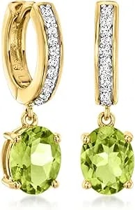 Ross-Simons Fine Jewelry 3.20 Ct. T.W. Peridot And .25 Ct. T.W. Lab-Grown Diamond Hoop Drop Earrings In 18kt Gold Over Sterling
