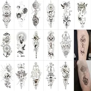 Animal Viking Tribal Temporary Tattoos Sticker,16 Sheets Tribe Totem Compass Geometry Skeleton Waterproof Long Lasting Fake Tattoo For Adults Men Arm Decoration Viking Theme Party Cosplay q781