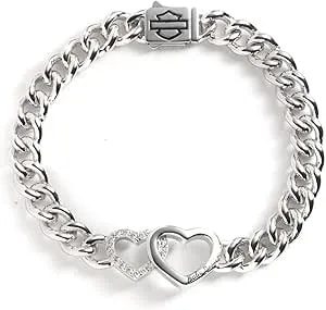 Harley-Davidson Women'S Double Heart With Bar & Shield Silver Chain Bracelet