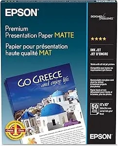 Epson Premium Presentation Paper Matte (8x10 Inches, 50 Sheets) (s041467),Bright White