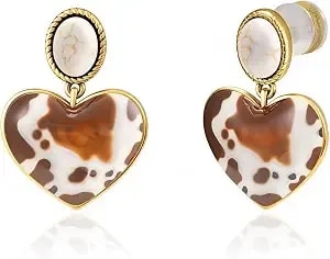 Wrangler Heart Drop Dangle Earrings, 14k Gold Turquoise Western Jewelry - Cow Print Statement Earrings, Hypoallergenic Copper With Lightweight Comfort, Cowgirl Gift Box