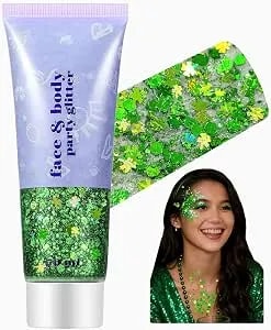 Go Ho Shamrock Face Body Glitter,St Patricks Day Hair Glitter Makeup,Self Adhesive Holographic Green Chunky Sequins Glitters,Irish Festival Four Leaf Clover Green Accessories