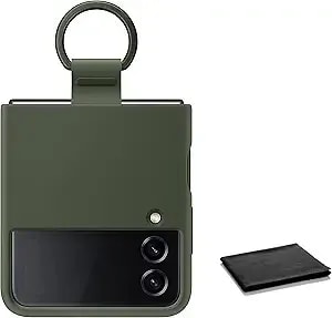 Samsung Galaxy Z flip4 Silicone Cover With Ring, Protective Z Flip 4 Phone Case With Phone Ring, Matte Finish, Handheld Design, Us Version, Green With Cleaning Cloth For Samsung Z Flip 4
