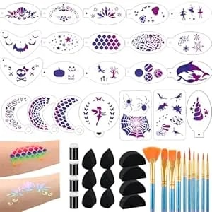 46 Pcs Face Paint Stencils Kit,22 Pcs Reusable Facial Painting Stencils Reusable Body Paint Templates With 10 Pcs Brushes,14 Pcs Sponges For Party Halloween Makeup Depvision Face Paint Accessory Kit