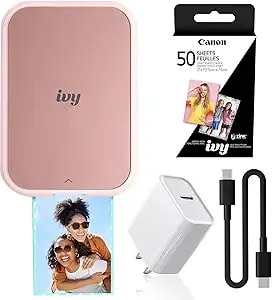 Canon Ivy 2 Mini Photo Printer Blush Pink, Bluetooth Portable Printer For Ios & Android, Zink 2x3 Sticky-Back Photo Prints, Compact Travel Size (5452c017) + Zink Photo Paper (50 Sheets) + More