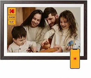 Kodak 15.6 Inch Wifi Digital Picture Frame, 1920x1080 Fhd Touch Screen, 64gb Smart Photo Frame With App & Ai Photo Creation, Easy Sharing Photos And Videos, Large Wooden Frame Gift For Family