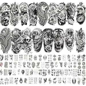 92 Sheets Temporary Tattoos For Adults And Kids, Waterproof Realistic Tiger Lion Wolf Fake Tattoos, Classic Animal Body Art Stickers