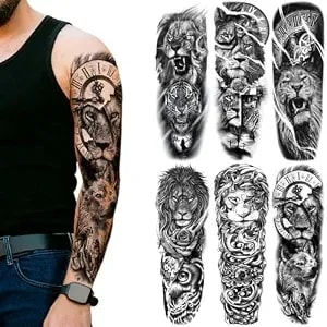 Realistic Lion Temporary Sleeve Tattoo For Men, Full Arm Large Tiger Lion Fake Tattoos Sleeve Women Adult, Black Leopard Wolf Clock Gear Cross Jesus Owl Temp Tatoo Sticker Leg Body Art Makeup, 6-Sheet