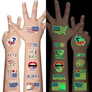 Awinmay 80 Pcs Luminous 4th Of July Temporary Tattoos For Kids, American Flag Red White And Blue Decor, Fourth Of July, Usa Party Favors, Memorial Day, Independence Day, Labor Day Glow Party Supplies