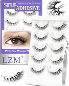Lzm Self Adhesive Eyelashes Preglued Glueless No Glue Needed, Easy Lashes For Beginners, 12mm Natural Strip Pre Glued Glueless Lashes, Reusable Stick On Eyelashes With Tweezers(d28 12mm)