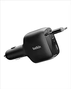 Belkin Usb C Car Charger 75w W/ 30in Usb C Retractable Charger, Compatible With Iphone 17 & 16 Series, Galaxy s25 Series, Airpods, Tablet, Macbook, Chromebook