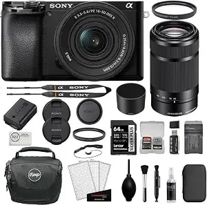 Sony Alpha a6100 Mirrorless Digital Camera With 16-50mm F/3.5-5.6 Oss Ii And 55-210mm Lenses Bundle With 64gb Card + 2 Uv Filters + Card Reader + Card Case + Cleaning Kit + Bag + Cloth (9 Items)