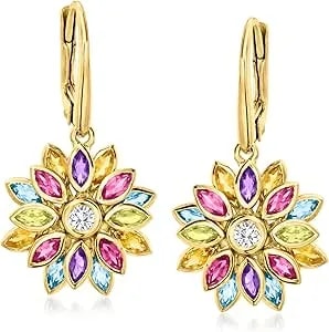 Ross-Simons 2.80 Ct. T.W. Multi-Gemstone Flower Drop Earrings In 18kt Gold Over Sterling