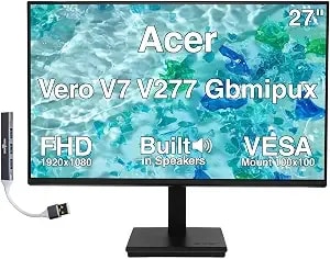 Acer Vero 27" v277 Fhd 120hz 4ms, Usb-C Monitor W/Speakers, Anti-Glare - Stand W/ Cable Mgmt, Vesa Mount (100mm), Displayport, Hdmi & Dkz Usb Expander, Epeat Gold & Tco Certified, Black Um.hv7aa.g10
