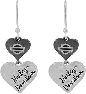 Harley-Davidson Women'S Black & Silver Double Heart B&S Drop Earrings hde0549