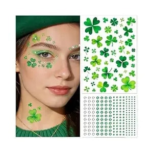 Emome St Patrick Day Accessories, St Patrick'S Day Shamrock Face Tattoo With Green White Face Gems, Saint Patrick'S Day Makeup Art Decorations For Women, Girls