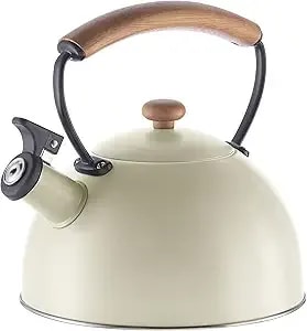 Oggi Tea Kettle For Stove Top - 64oz / 1.9lt, Stainless Steel With Loud Whistle & Stay-Cool Wood Handle, Ideal Hot Water Kettle And Water Boiler - Warm Gray