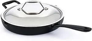 All-Clad Cast Iron Skillet - 12” Enameled Cast Iron Pan With Lid, Enamel Coating, Grill, Oven Safe Up To 650°F & Compatible With All Stovetops (Gas, Electric & Induction), Easy-Clean Frying Pan, Black