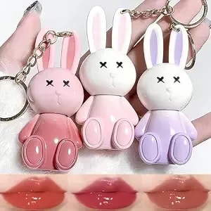 3 Colors Cute Bunny Keychain Lip Gloss Set,Jelly Lip Plumper Pink Gloss For Girls,Long Lasting Nourishing Liquid Lipstick Vegan Formula With High-Shine Finish