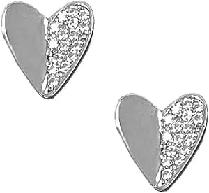 Harley-Davidson Women'S Half Pave Crystal Heart Shaped Stud Earrings, Silver