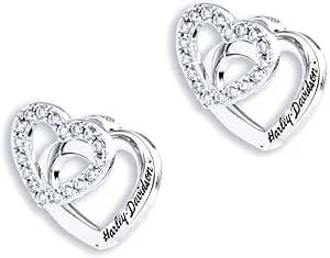 Harley-Davidson Women'S Double Interlocked Heart Crystal Stud Earrings, Silver