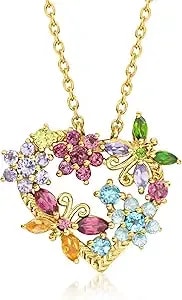 Ross-Simons 1.88 Ct. T.W. Multi-Gemstone Flower And Butterfly Heart Necklace In 18kt Gold Over Sterling. 18 Inches