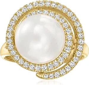 Ross-Simons 11mm Shell Pearl And .40 Ct. T.W. Cz Swirl Ring In 18kt Gold Over Sterling