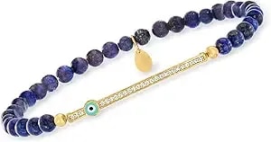 Ross-Simons Lapis And .10 Ct. T.W. Cz Evil Eye Stretch Bracelet In 18kt Gold Over Sterling