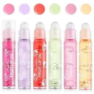 6pcs Roll-On Lip Oil Set,Fruit Flavored Lip Gloss Set,Long Lasting Moisturizing Lip Balm,Transparent Lip Gloss Glossy Lip Make-Up,Best Gift