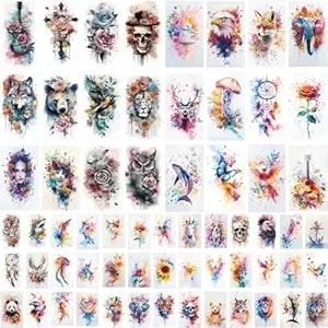 Xmasir 64 Sheets Temporary Tattoo Stickers, Large Arm Watercolor Fake Tattoos Waterproof Flower Animals Realistic 3d Roses Birds Floral Wolf Butterfly Body Art Stickers For Women And Man