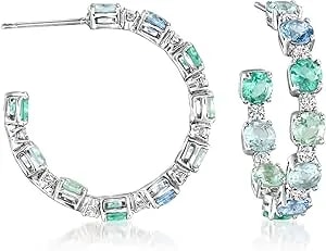 Ross-Simons Rhodium-Plated Hoop Earrings With Simulated Tonal Blue Gemstones And 4.20 Ct. T.W. Czs