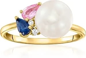 Ross-Simons 8-8.5mm Cultured Pearl And .40 Ct. T.W. Multicolored Sapphires With Diamonds In 18kt Gold Over Sterling