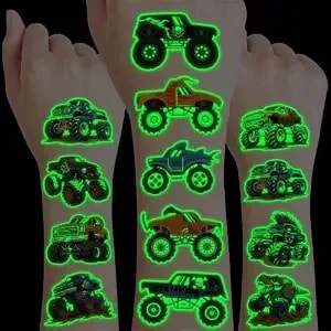 96 Pcs Monster Truck Pre-Cut Luminous Glow In The Dark Temporary Tattoos - Super Cute Themed Birthday Party Favors Supplies Decorations, Race Car Fake Tattoos For Kids Rewards & Gifts For Boys Girls