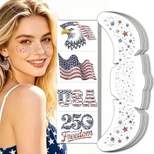 4th Of July Glitter Freckles Face Tattoo 250 Anniversary Usa Temporary Tattoos, Fourth Of July Red White And Blue Flag Star Stickers Patriotic Outfit Accessories Decorations For Women Independence Day